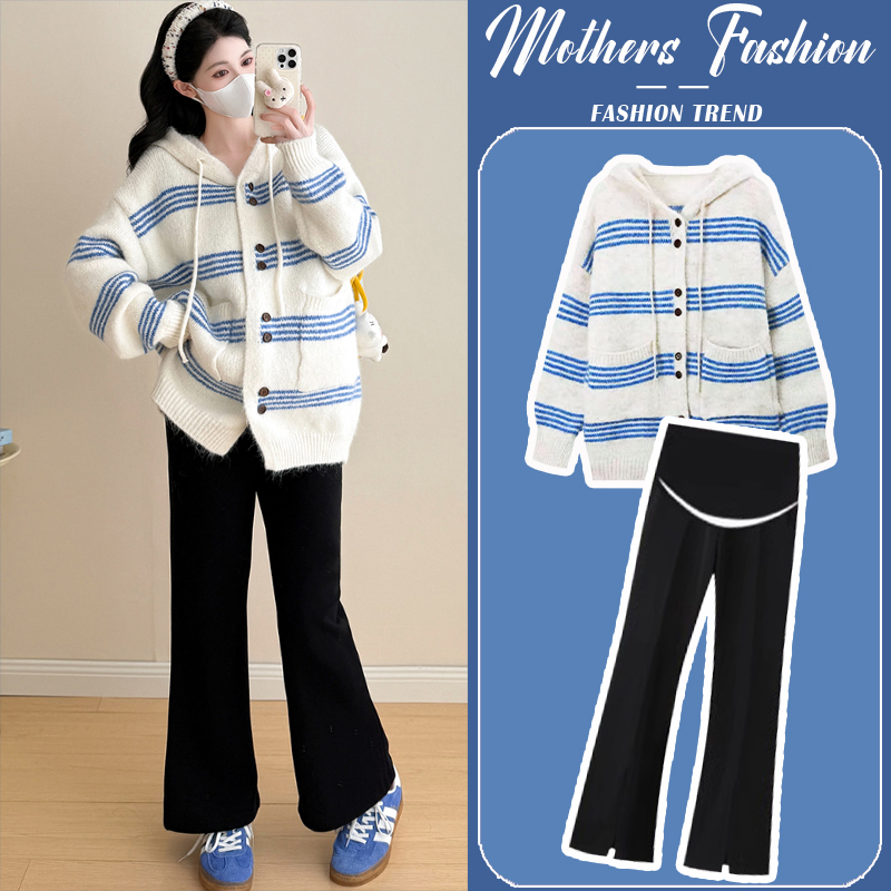 孕妇套装秋冬2025新款蓝色条纹