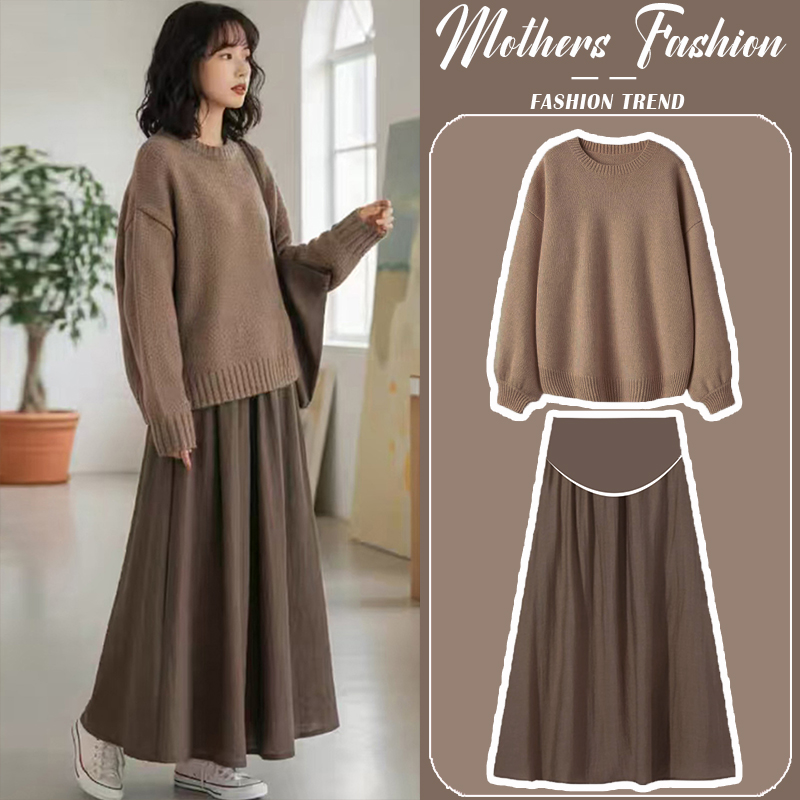 孕妇连衣裙咖色套装秋冬2025新款