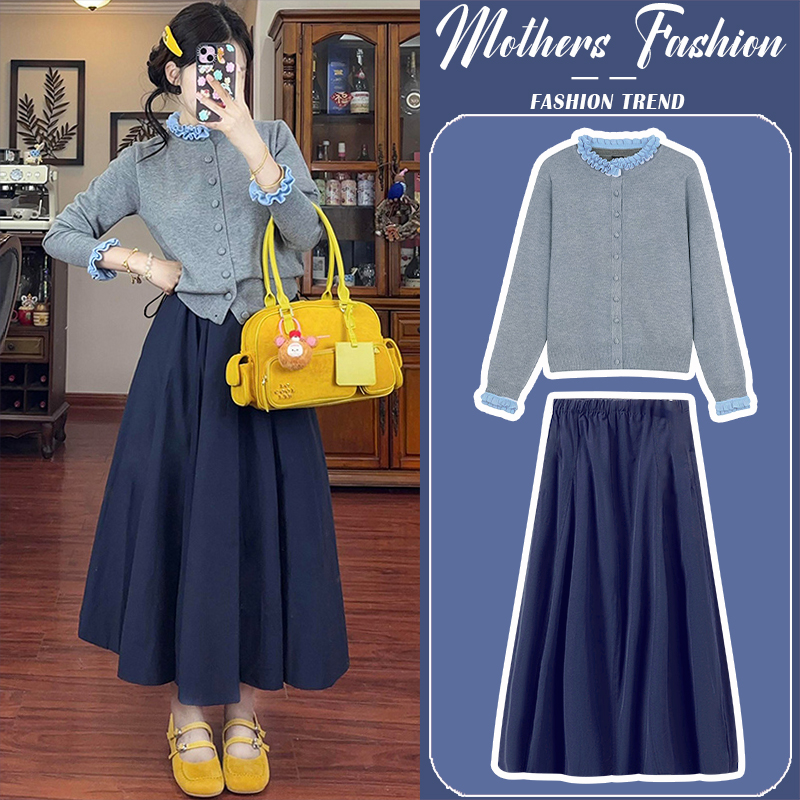 孕妇藏蓝色连衣裙套装秋冬2025