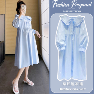 孕妇连衣裙2026新款春秋天蓝色娃娃领时尚宽松显瘦遮肚气质打底裙