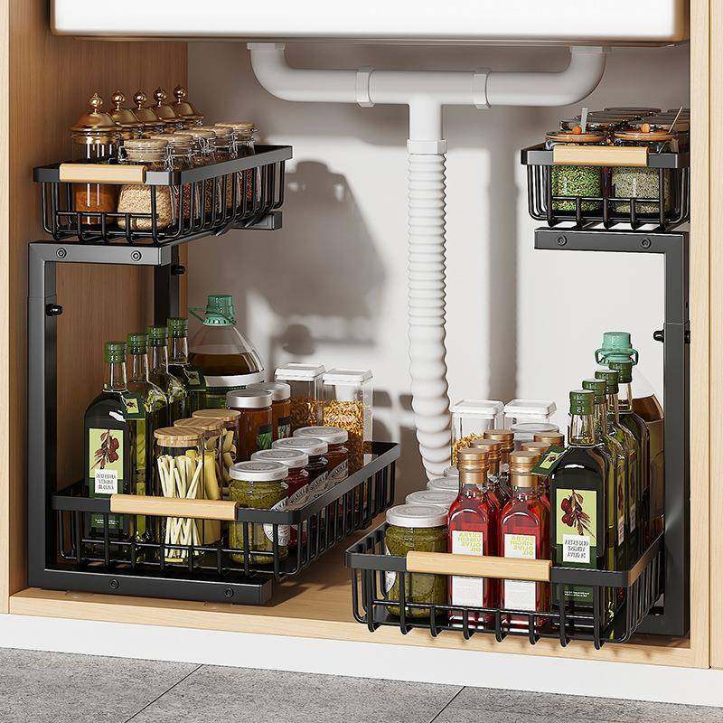 厨房水槽下置物架落地可调节橱柜下水槽拉篮家用台面调味用品收纳,厨房/烹饪用具,抹布架/厨房清洁收纳架,淘宝优惠券,粉丝福利购,淘宝优惠卷