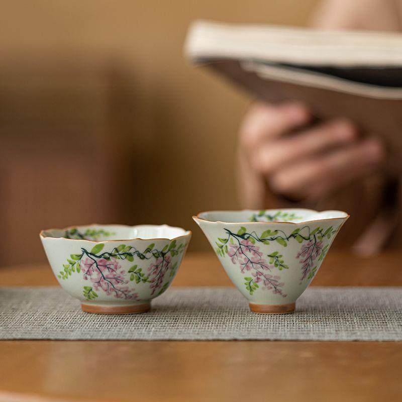 纯手绘紫藤花卉主人杯家用创意单杯岩茶杯陶瓷品茗杯功夫茶具对杯,餐饮具,茶杯,淘宝优惠券,粉丝福利购,淘宝优惠卷