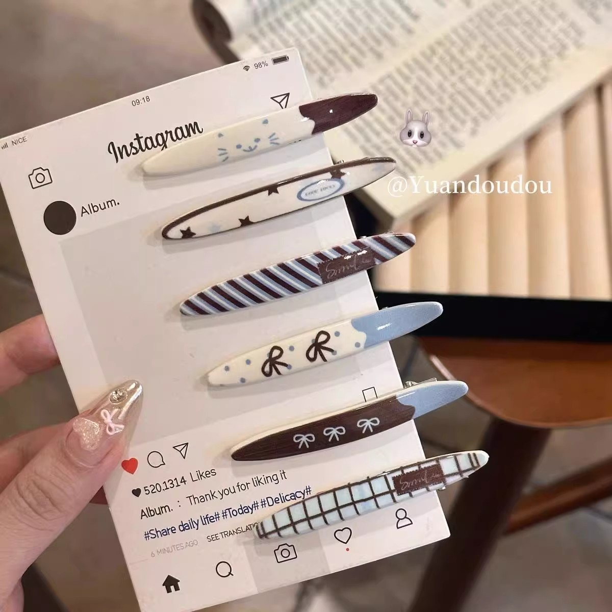 韩系少女猫咪蓝咖色系条纹发夹百搭少女侧边刘海夹发卡夹子头饰