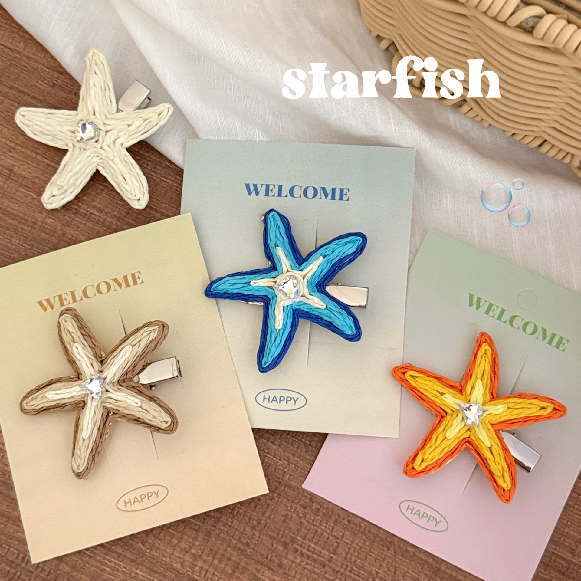 活动礼品夏季海星风彩色多巴胺草编少女发夹度假沙滩氛围感拍照刘