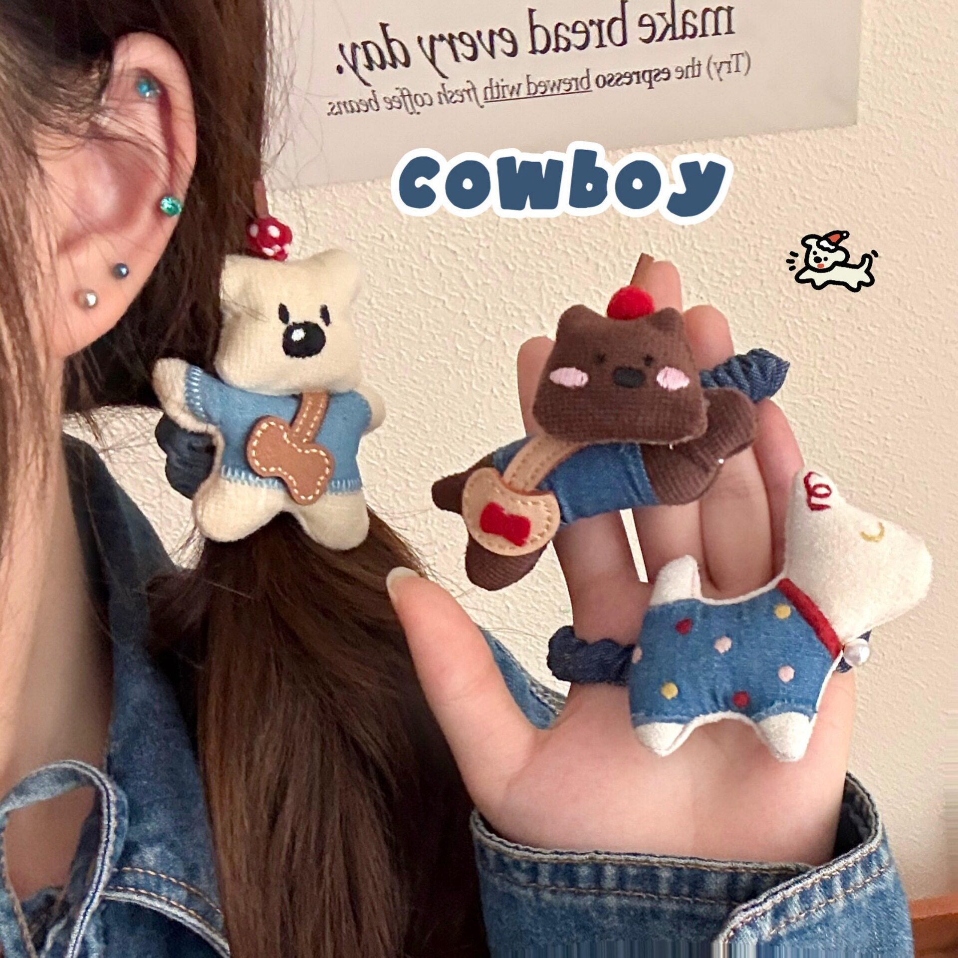 活动礼品新款可爱装饰小狗发绳少女学生头饰牛仔布扎马尾发圈发饰