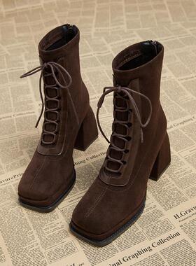 Cozyroom法国可达奢华~超高跟短靴女式防水厚底靴靴麂皮棕色女式