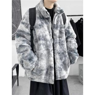 羊羔绒冬季外套男潮牌摇粒绒加厚保暖棉服新款高级感扎染痞帅棉衣