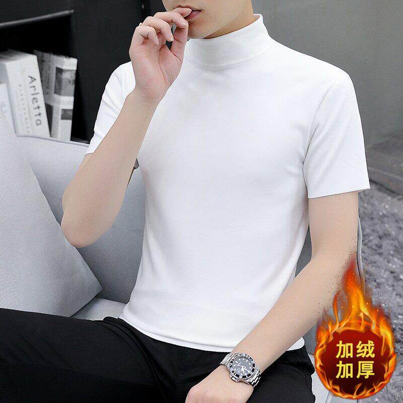 半高领无痕发热短袖t恤男士潮牌加绒保暖打底衫百搭德绒半袖上衣