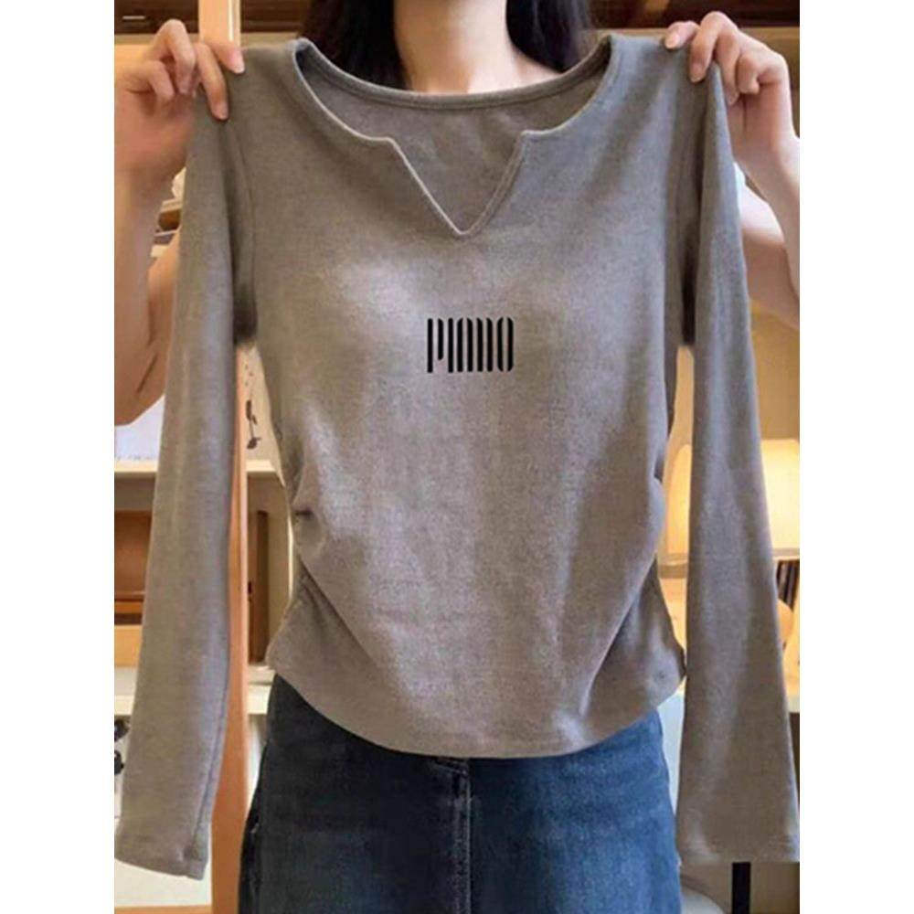 韩国正肩V领纯棉长袖t恤女2025新款秋冬季不规则褶皱收腰显瘦上衣