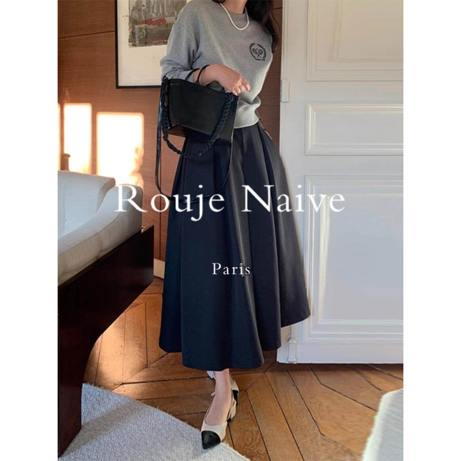 Rouje Naive黑色半身裙女春秋百褶裙设计感大摆a字伞裙西装长裙