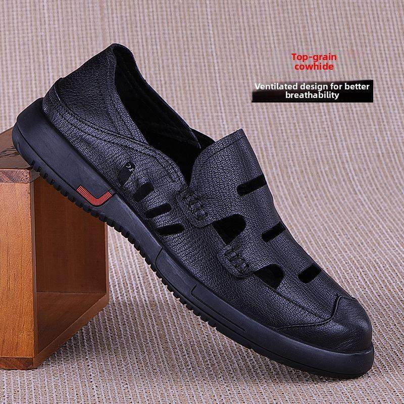 高端男凉鞋夏季真皮透气头层牛皮一脚蹬包头沙滩鞋软底镂空洞洞鞋,流行男鞋,洞洞鞋,淘宝优惠券,粉丝福利购,淘宝优惠卷