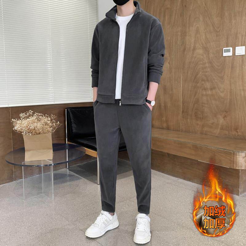 休闲运动套装男士秋冬季摇粒绒夹克外套潮加绒加厚保暖卫衣两件套