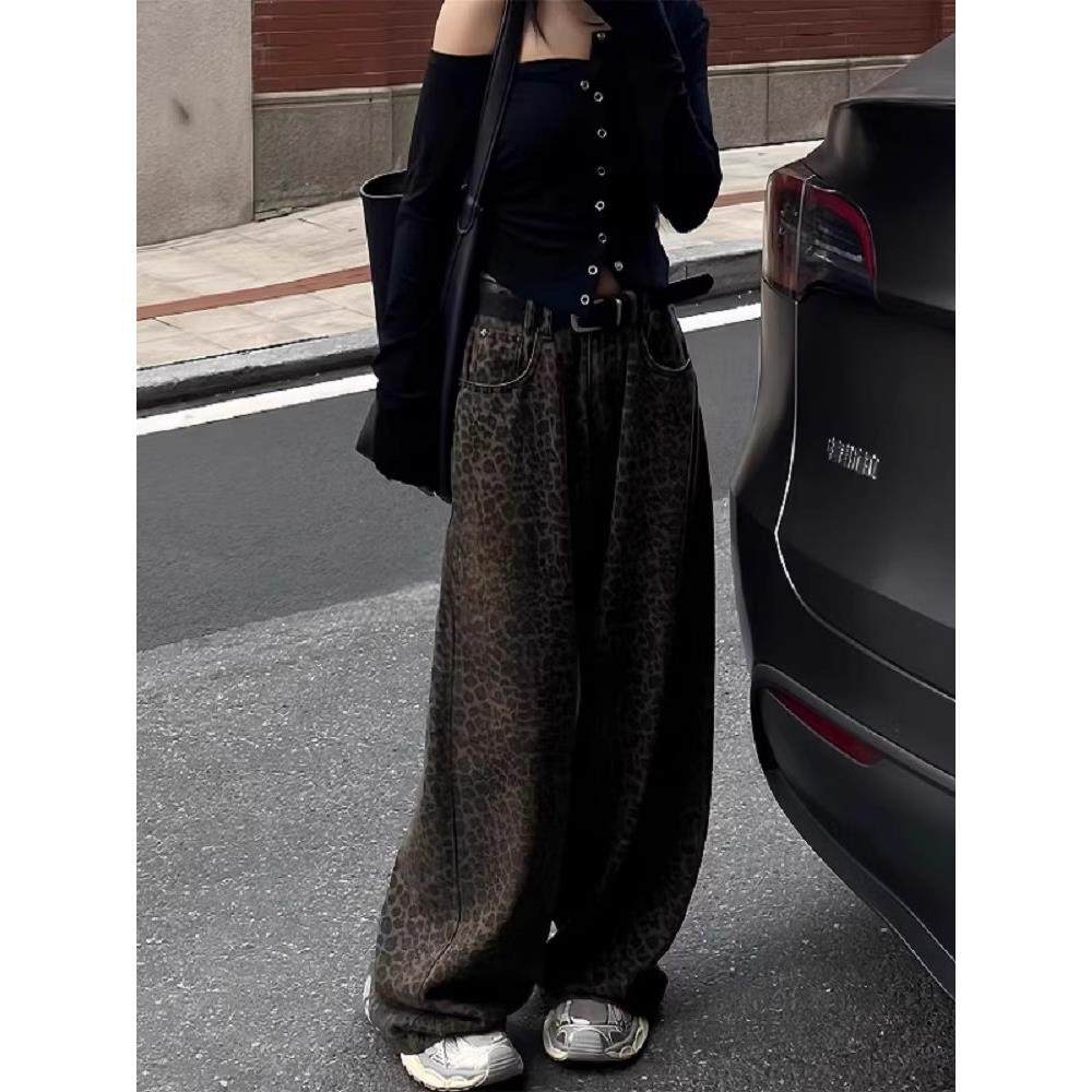 英国DGKP豹纹牛仔裤女2025春秋新款高腰显瘦百搭直筒阔腿裤高个子