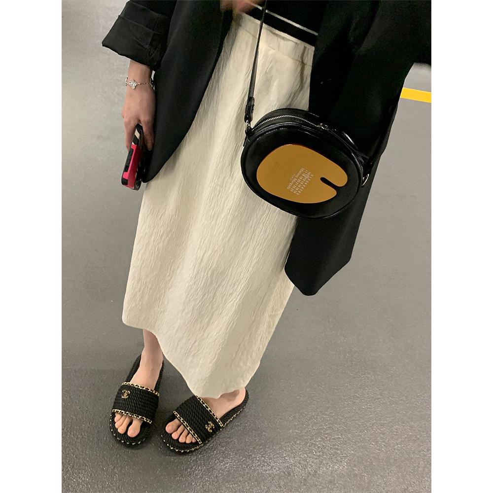 白色褶皱半身裙女夏季新款高腰过膝直筒长裙肌理后开叉休闲a字裙