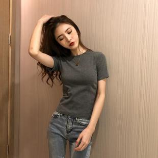 ins潮女T恤衫 圆领打底半袖 潮牌夏季 短袖 显瘦磨毛港味正肩修身 韩版