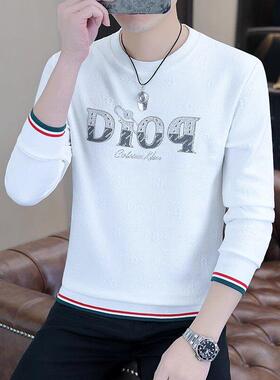 长袖t恤男纯棉春秋季男士圆领打底衫白色加厚潮流印花修身卫衣潮