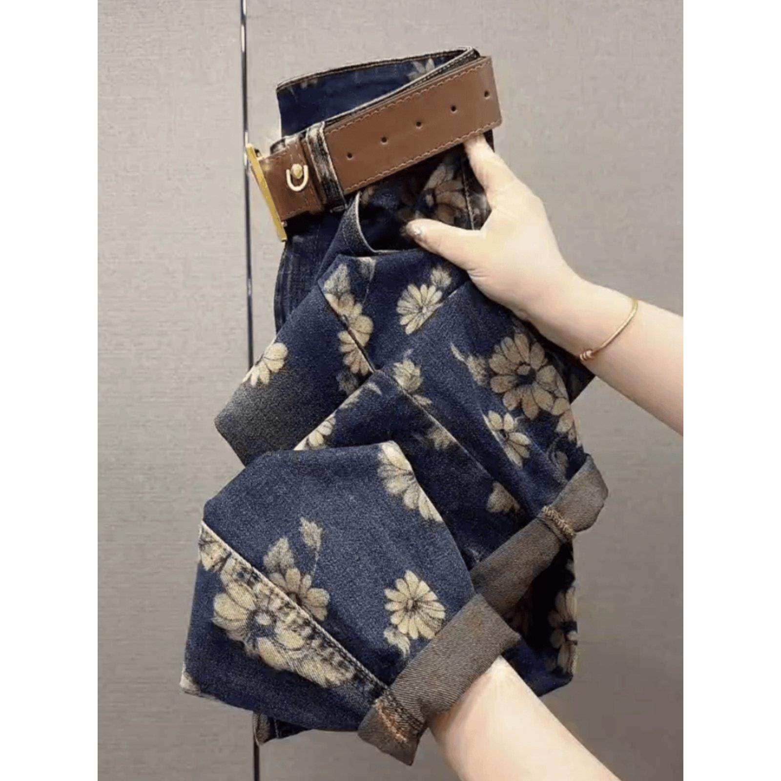 SPYB大花印染加绒牛仔裤女秋冬季小个子高腰显瘦覆古时尚哈伦裤子,女装/女士精品,牛仔裤,淘宝优惠券,粉丝福利购,淘宝优惠卷