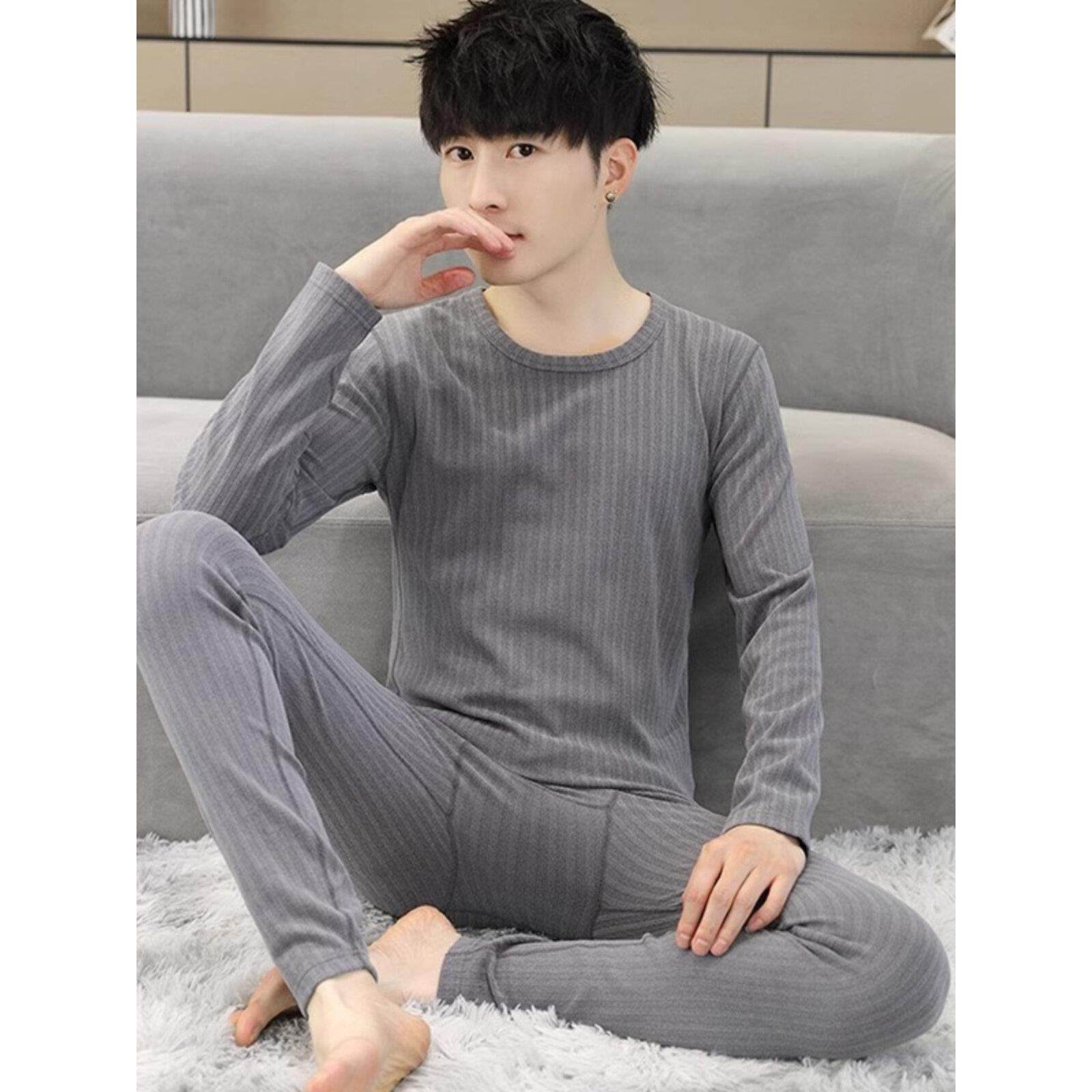 条纹保暖内衣男防寒秋冬季发热秋衣秋裤套装青少年德绒圆领打底衫