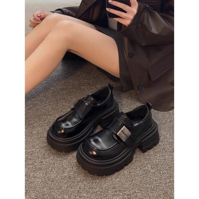 轻奢乐福鞋女2025新款秋冬季黑色通勤百搭配裙子粗跟增高JK小皮鞋