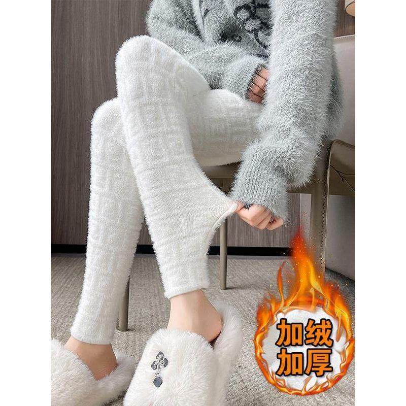 SPYB白色水貂绒打底裤女秋冬季居家保暖紧身加绒加厚毛毛小脚裤子