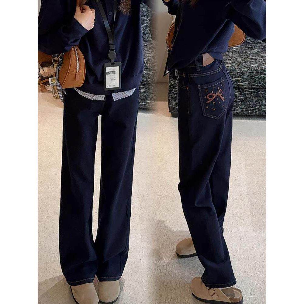 法国Rouje Dsyle丹宁蓝窄版直筒牛仔裤女大码高腰小个子阔腿裤子