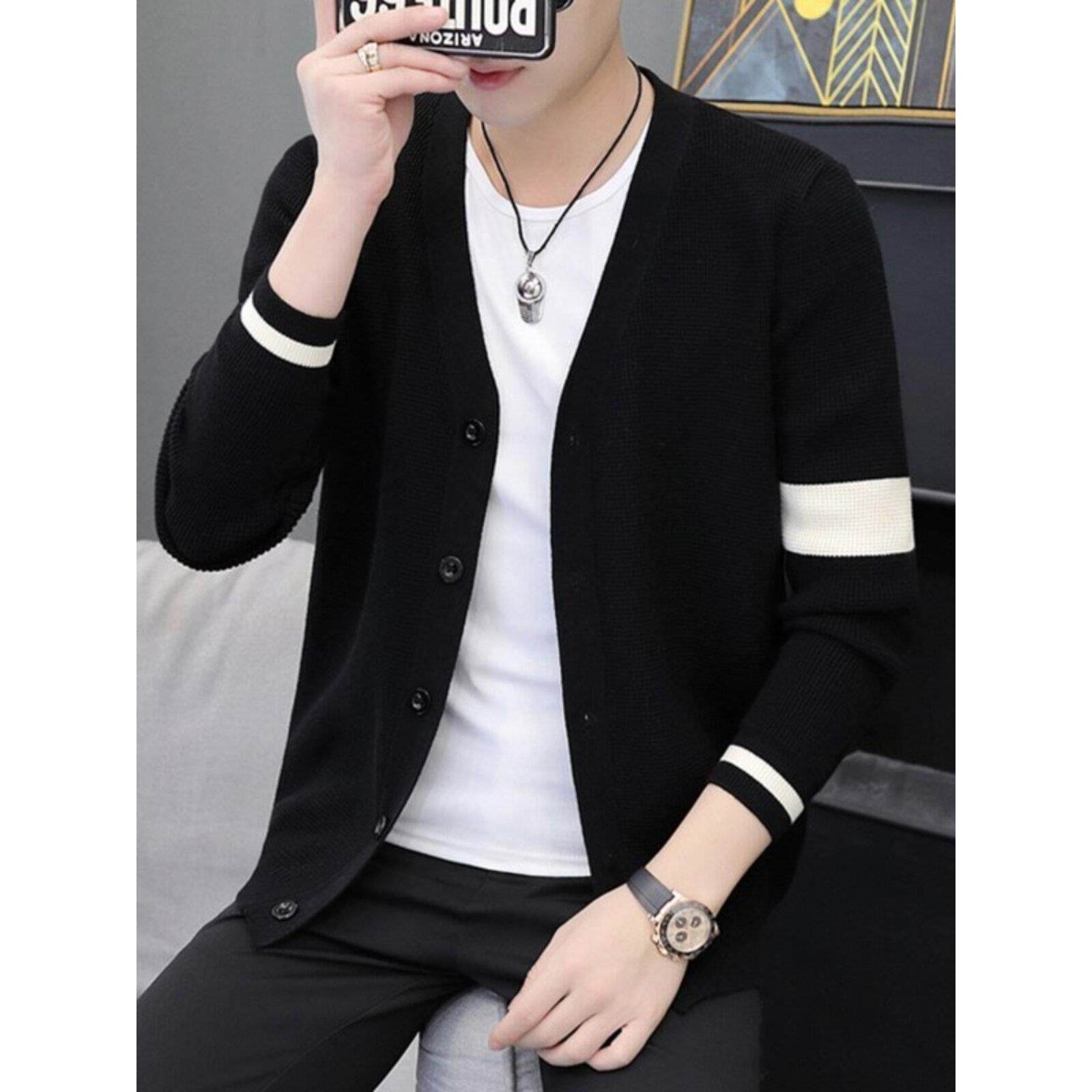 潮牌休闲外套男士春秋季新款韩版V领开衫毛衣外穿韩版修身夹克男