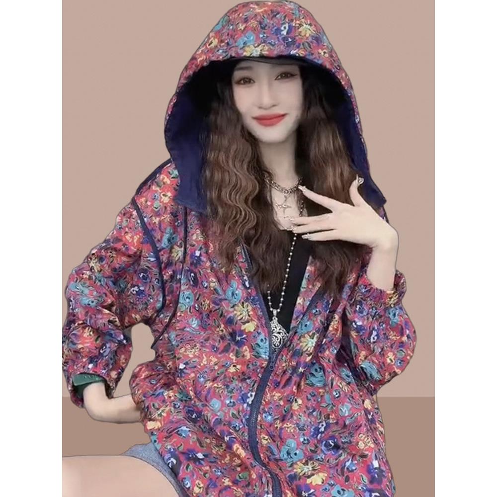 潮牌碎花连帽防晒衣女夏季新款洋气百搭宽松休闲开衫防晒服薄外套
