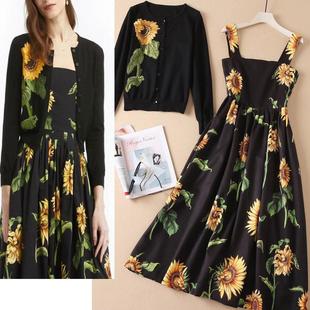 欧美2024秋季新款高级感黑色针织绣花小外套两件吊带印花连衣裙女