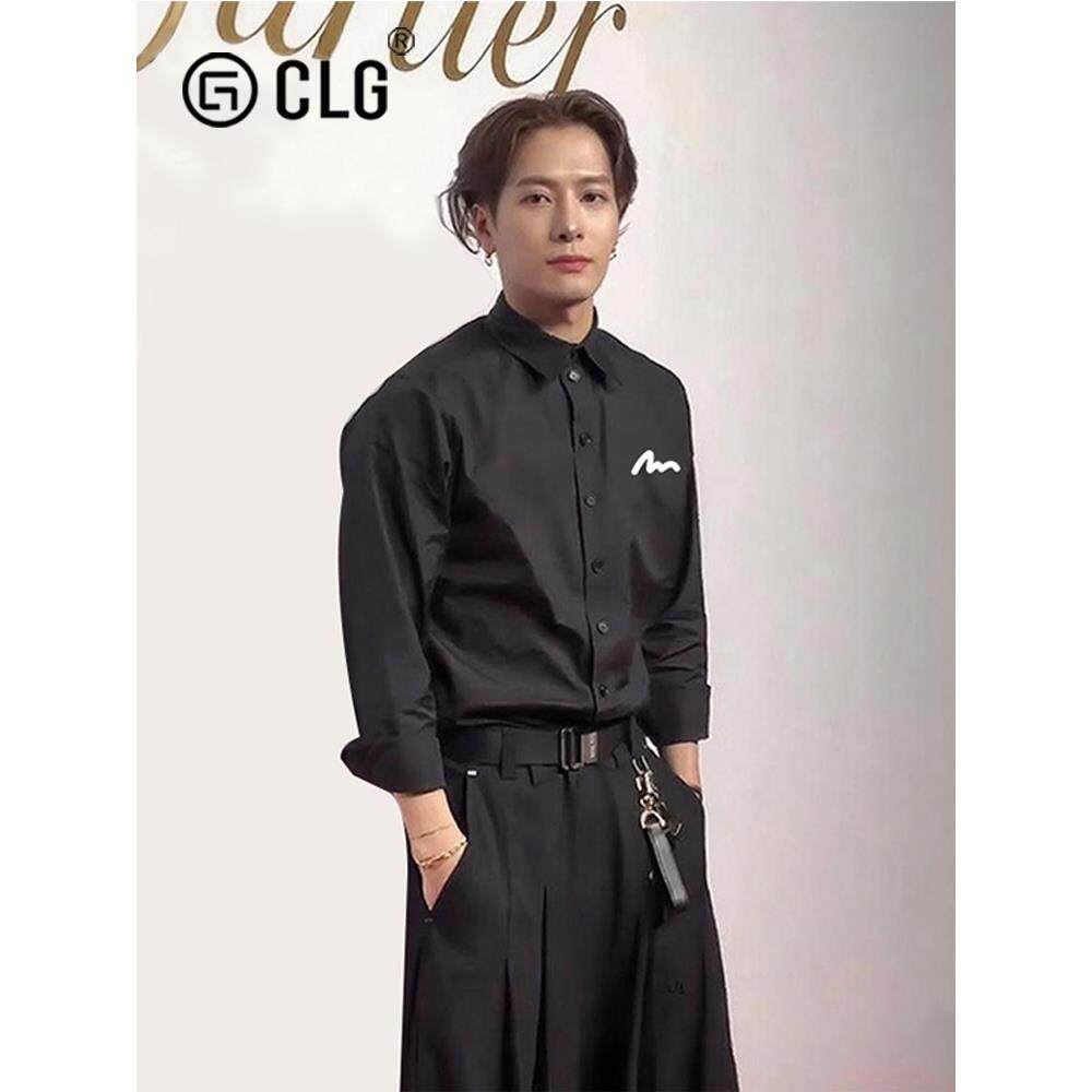 香港CLG潮牌王嘉尔同款黑色长袖衬衫高级感西装内搭打底衬衣外套