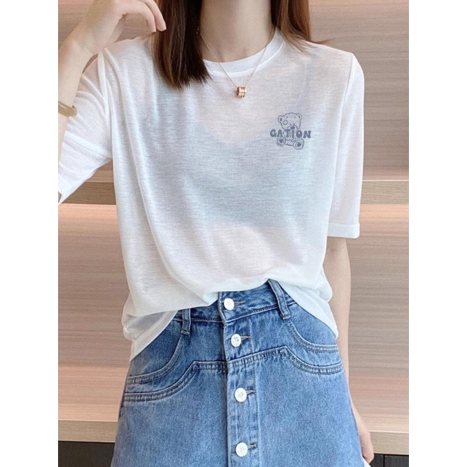 白色面膜短袖t恤女夏2025新款百搭宽松显瘦冰丝小衫防晒罩衫上衣