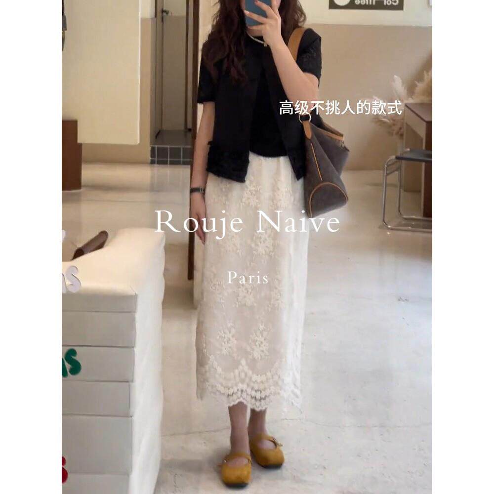 Rouje Naive白色蕾丝半身裙女春夏新款高腰气质显瘦高端a字网纱裙