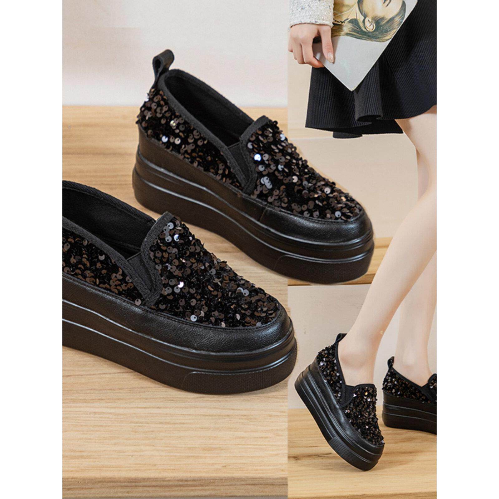 真皮亮片内增高女鞋春秋新款百搭小码厚底运动休闲鞋一脚蹬乐福鞋