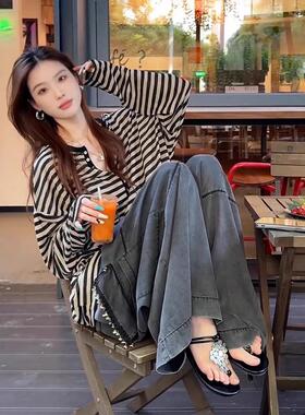 rouje bonjour慵懒感宽松显瘦上衣女V领减龄黑色条纹休闲长袖T恤