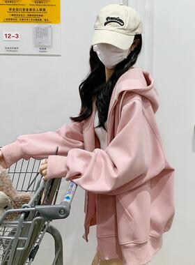 IT UNDER GARDEN 粉色韩系连帽秋季上衣女拉链休闲慵懒风宽松卫衣