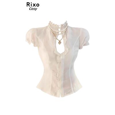 Rixo Cosy高级感泡泡袖衬衫女夏镂空立领木耳边通勤百搭显瘦上衣