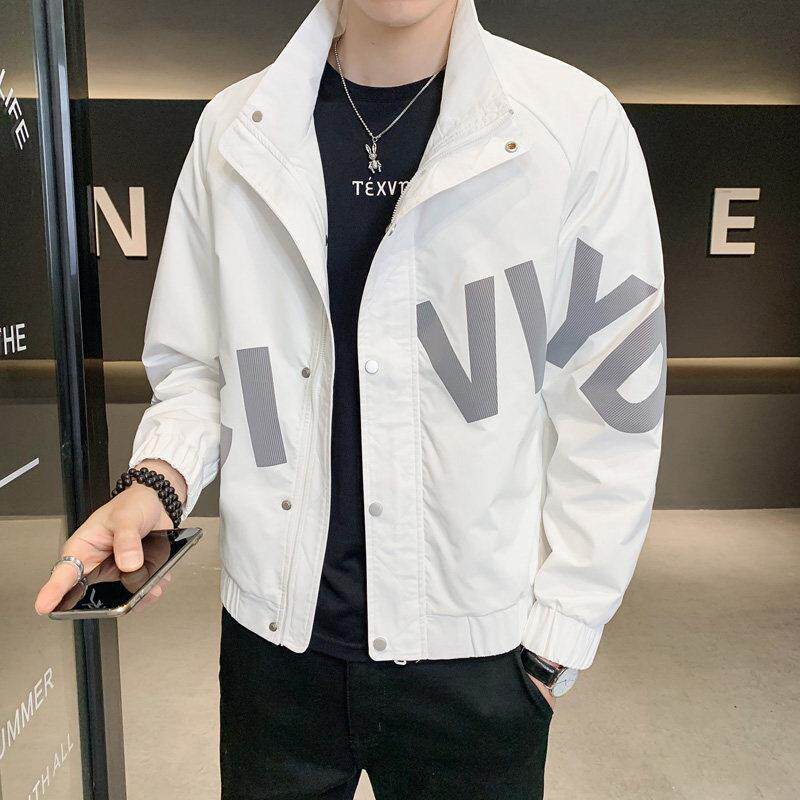 立领夹克男春秋季潮流印花字母修身短款外套韩版运动百搭休闲上衣