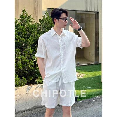 韩国CHIPOTLE老钱风亚麻防晒衬衫套装男士2026夏季新款棉麻一整套