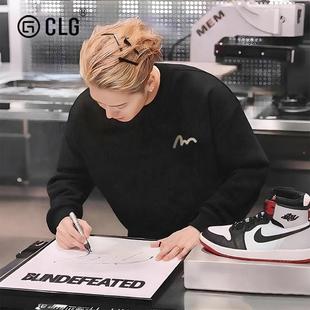 香港CLG潮牌王嘉尔同款简约印花圆领卫衣新款宽松加绒套头情侣装