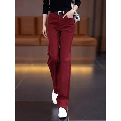 覆古红直筒牛仔裤女2025春秋新款窄版高腰显瘦加绒休闲阔腿裤子