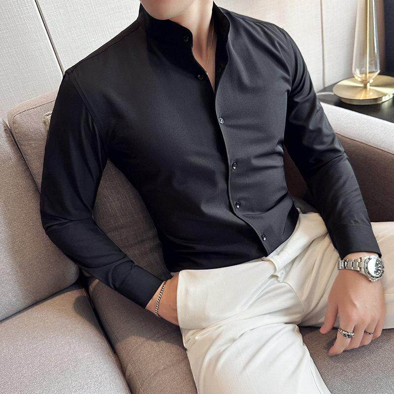 LL男装衬衫男短袖高级感长袖商务立领白色青年中山领弹力新中式潮