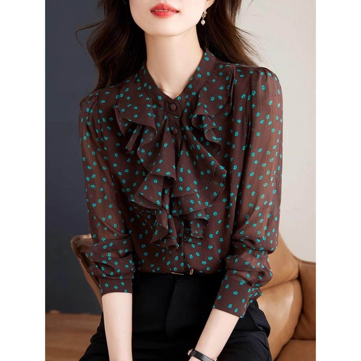 雪纺衬衫女式2025秋季新款超美法国女式独特碎花衬衫春秋季长袖上