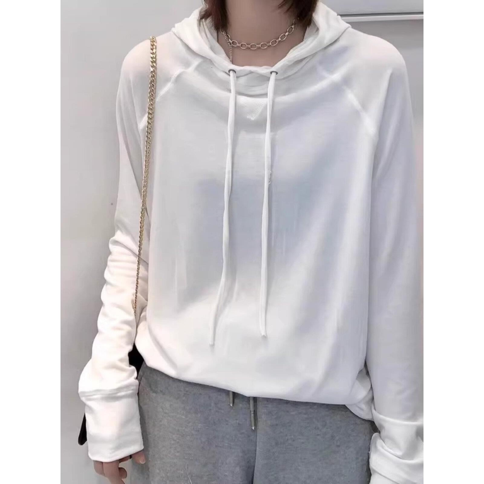 白色薄款套头连帽长袖卫衣女2025春秋季新款宽松显瘦纯色简约上衣