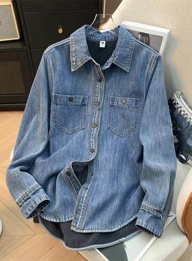 韩国2025春秋牛仔衬衫女装新款休闲夹绒衬衣叠穿内搭休闲百搭上衣
