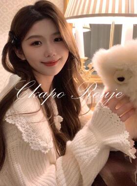 Ckapo Rouje法式甜美娃娃领白色钩花毛衣女秋冬学院风花边针织衫