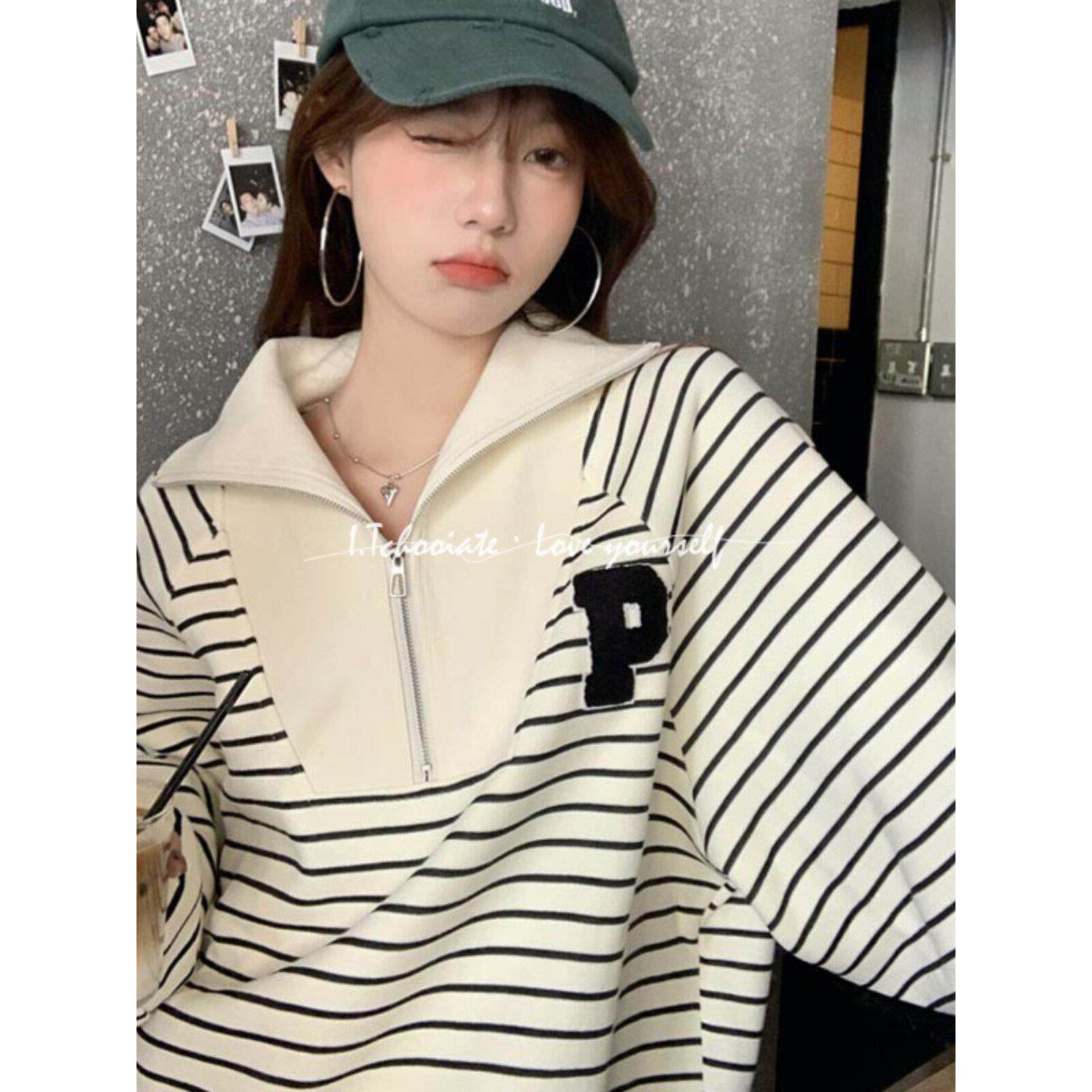 I.Tchooiate美式宽松慵懒风polo领条纹卫衣女2025秋款长袖上衣潮