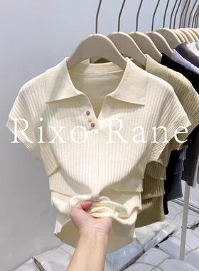 法国Rixo Rane美到醉心⭐Polo领彩虹扣针织短袖T恤女褶皱坑条上衣