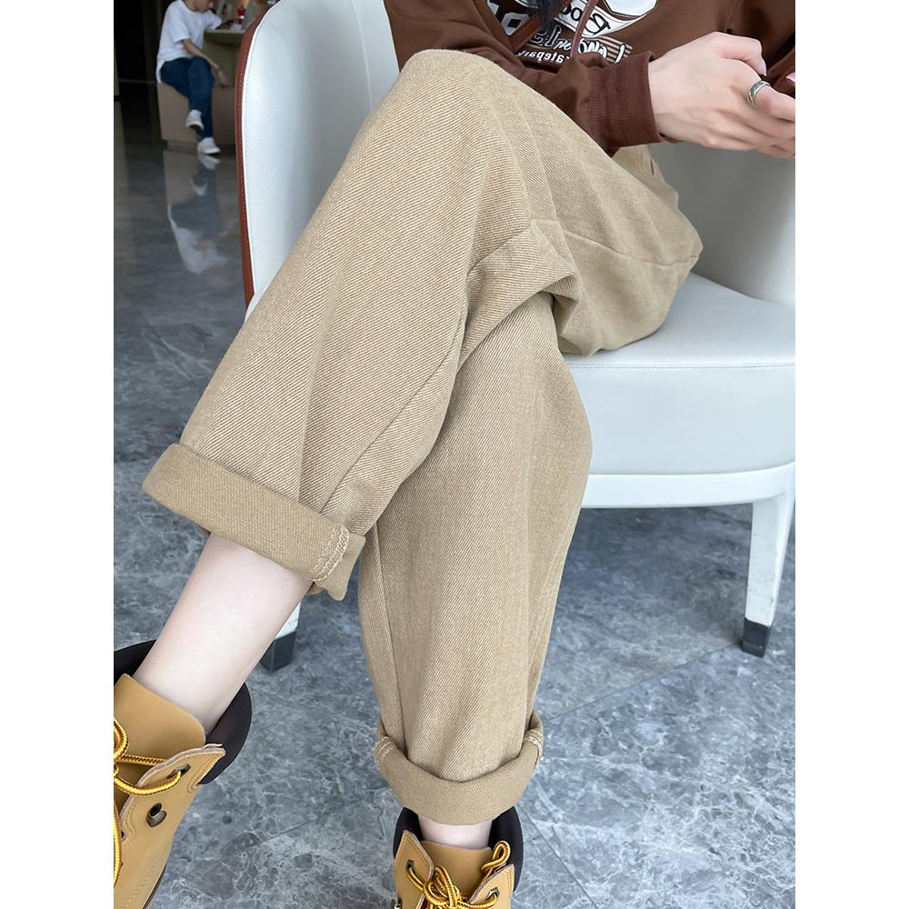 卡其色哈伦牛仔裤女2025夏季新款美式覆古阔腿显瘦九分罗卜老爹裤
