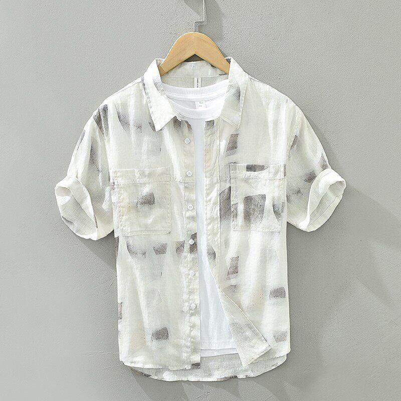 香港纯亚麻男士短袖衬衫时尚简约休闲上衣衬衣文艺方领印花衬衫潮
