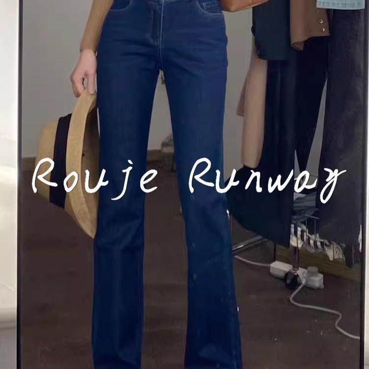 法式Rouje Runway高级感气质百搭牛仔裤女深蓝色直筒阔腿裤长裤