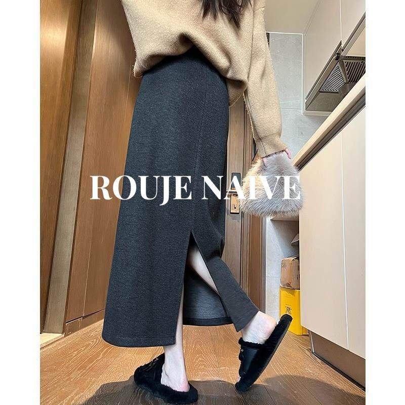 ROUJE NAIVE毛呢半身裙女春秋季直筒气质显瘦针织a字开叉包臀长裙,女装/女士精品,大码半身裙,淘宝优惠券,粉丝福利购,淘宝优惠卷